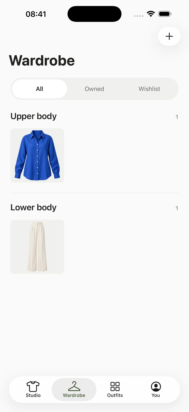 Actual Fitglance wardrobe screen, with clothing organised into upper-body and lower-body sections